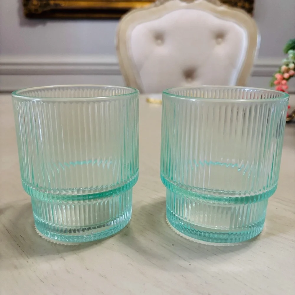 Jonathan Adler Ribbed Biba Drinking Glasses Set of 2 Clear AQUAMARINE